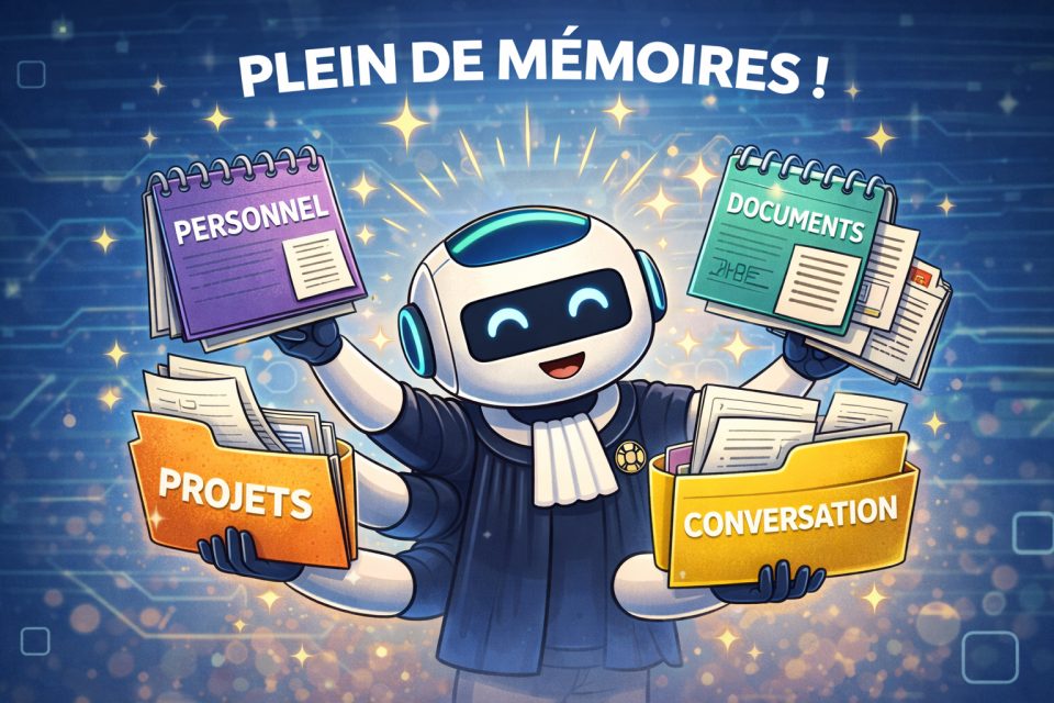 Robot souriant en tenue professionnelle tenant des objets étiquetés 'PERSONNEL', 'DOCUMENTS', 'PROJETS' et 'CONVERSATION' sur fond numérique.