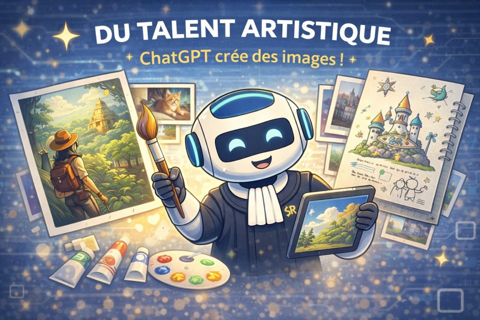 Robot tenant un pinceau et une palette, entouré d'œuvres d'art variées, symbolisant la créativité de ChatGPT.