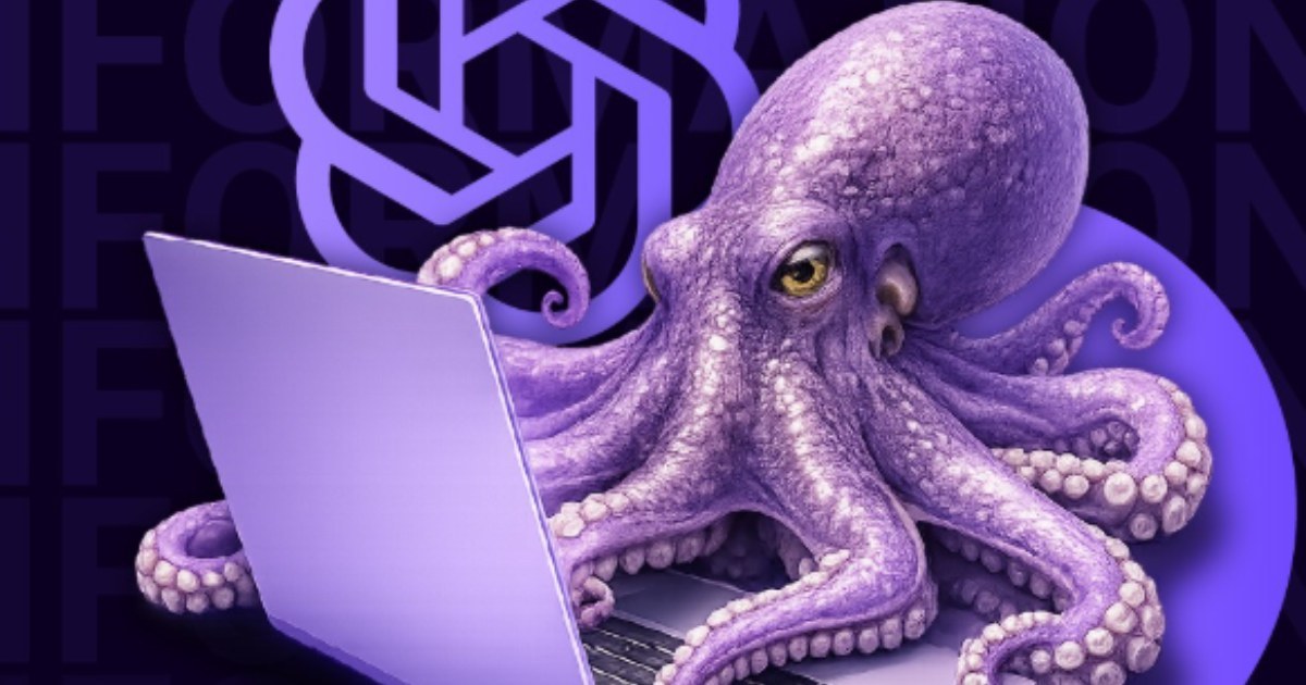 Illustration d'un poulpe violet devant un ordinateur pour une formation ChatGPT d'une journée.